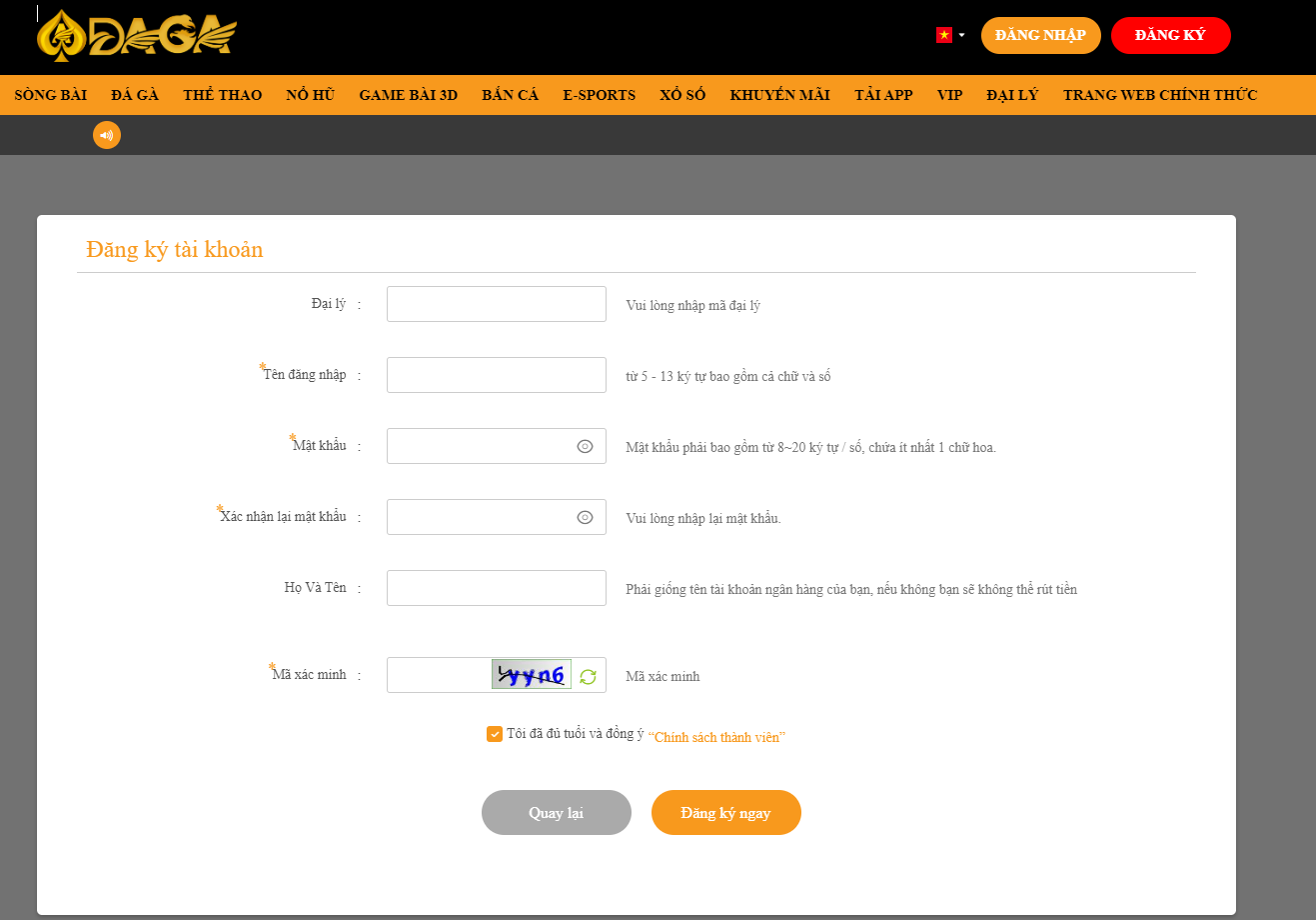 Form đăng ký tại daga